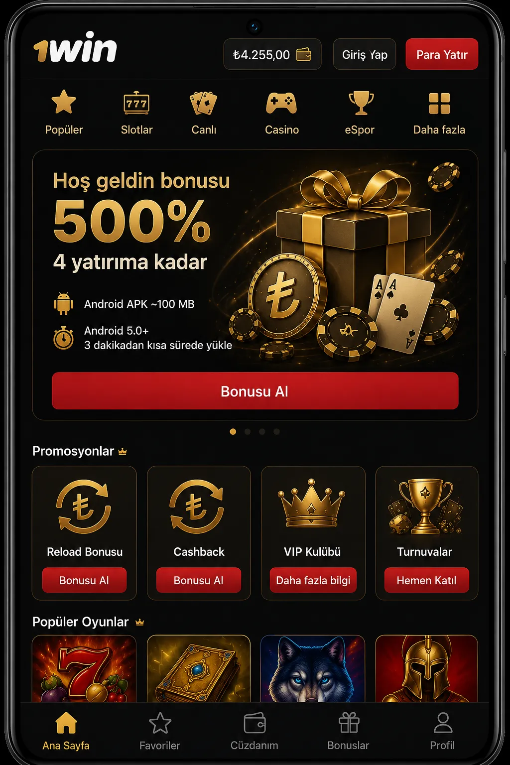 1win app: telefon ekranı için tasarlanmış casino ve spor bahisleri özellikleri