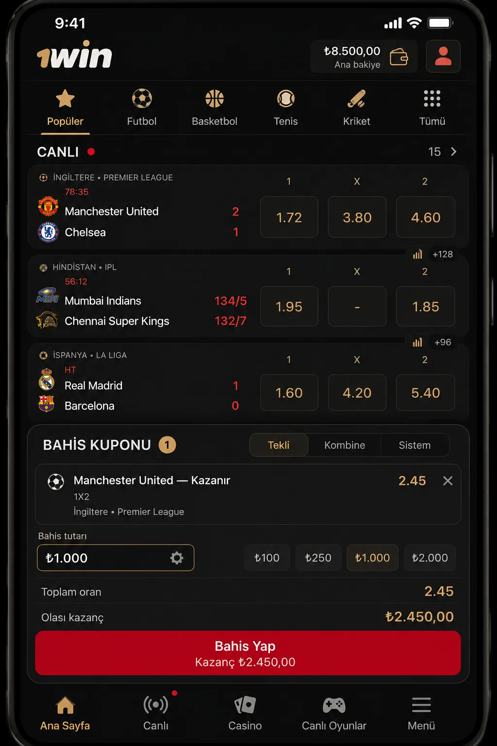 Uygulama ayarları, bildirimler ve mobil veri kontrolü — 1win app